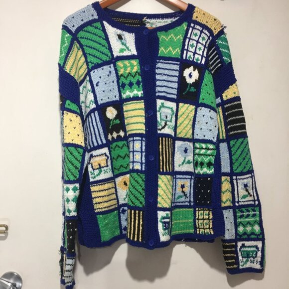 VINTAGE HAND KNITTED QUILTED CARDIGAN SWEATERS SIZE XL - Picture 4 of 6